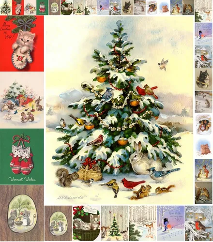 Paquete de papel para decoupage (35 hojas 15x20 cm) Gatos aman Navidad FLONZ Tarjetas vintage con imágenes navideñas para decoupage, manualidades y