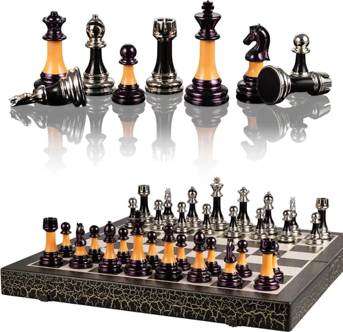 Miniatura 2 de BIVOMON Juego de Ajedrez de Madera Plegable de 16" Tablero de Ajedrez Blanco y Negro Piezas de Ajedrez de Acrílico de Lujo con Peso de 3.5