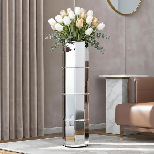 Miniatura 7 de Jarrón alto de piso de 28 pulgadas, con espejo, para el hogar, decorativo, grande, plateado, para flores secas, jarrones de vidrio modernos