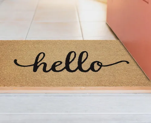 Miniatura 8 de IRONGATE Felpudo de bienvenida – Tapete antideslizante que atrapa la suciedad Hello de fibra de coco, tapete para puerta de entrada de bajo perfil