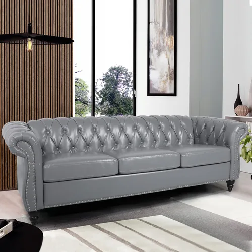 Miniatura 3 de RARZOE Moderno sofá Chesterfield de poliuretano de 3 plazas, sofá Chesterfield tapizado de piel con botones capitoné, sofá clásico de piel sintética