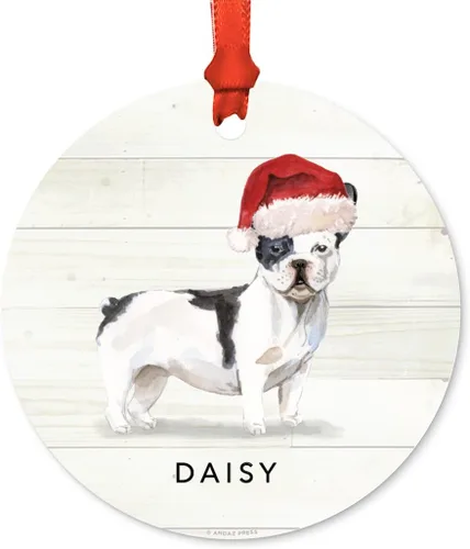 Miniatura 45 de Andaz Press Adorno de Navidad de metal personalizado para perro, perro y mascota, cocker spaniel con sombrero de Papá Noel, 1 paquete, incluye cinta