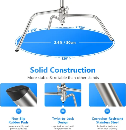 Miniatura 6 de NEEWER Soporte profesional en C resistente de acero inoxidable 100% con brazo de pluma, altura máxima de 10.5 pies, soporte de luz para fotografía