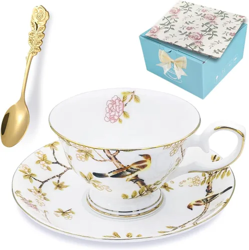 Tazas de té y platillos, juego de tazas de café de porcelana de hueso floral de 6.7 onzas con cuchara, tazas de té de jardín vintage con borde Flor