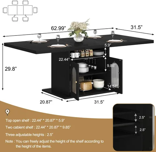 Miniatura 2 de HSH Mesa de comedor negra para 4 a 6, moderna mesa de comedor de cocina con estante de almacenamiento de 3 niveles y gabinete de puerta acrílico