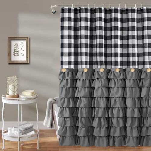 Miniatura 12 de Seasonwood - Juego de cortinas de ducha de granja negras con 12 ganchos, 72 x 72 pulgadas, cortinas de ducha de tela con patrón de cuadros de búfalo