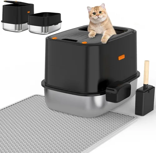 Miniatura 11 de WoofiGo Caja de arena cerrada de acero inoxidable para gatos con tapa, caja de arena extra grande XL para gatos grandes, bandeja de arena de metal