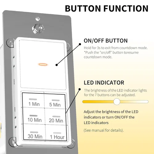Miniatura 3 de Minoston Interruptor de luces de temporizador, 1-60 minutos, temporizador de pared de cuenta regresiva para ventiladores de baño, calentadores