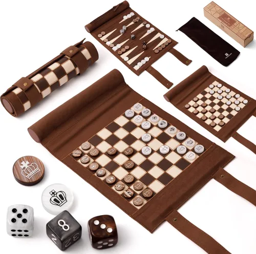 Miniatura 10 de Woodronic Juego de damas de backgammon de ajedrez de viaje 3 en 1, juego de backgammon de cuero enrollable con 32 piezas de perlas premium y 5 Marrón