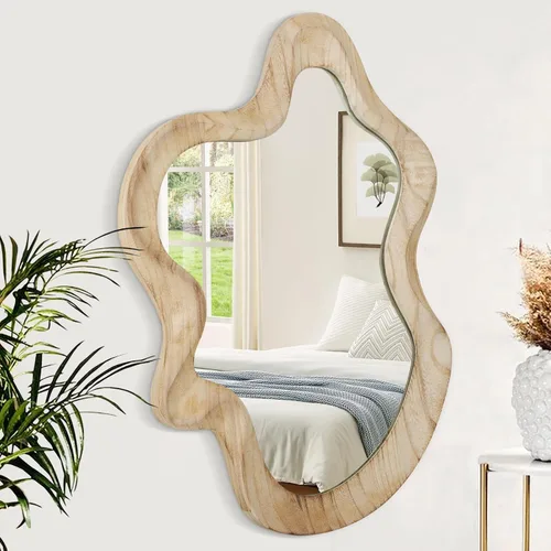 Miniatura 19 de Espejo asimétrico para decoración de pared, grande, moderno, ondulado, con marco de madera, espejo de pared con forma única montado en pared