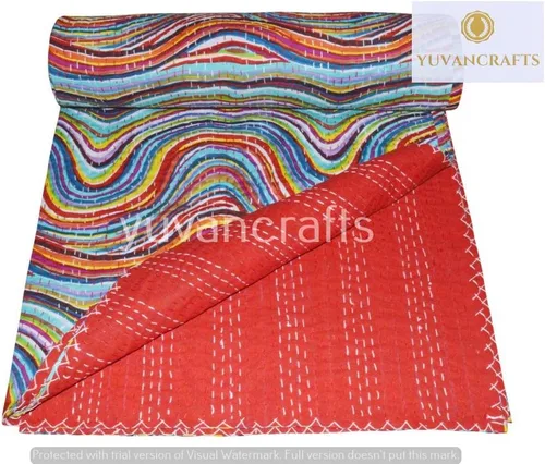 YUVANCRAFTS Colcha india hecha a mano vintage Kantha tamaño individual de algodón puro multicolor Kantha