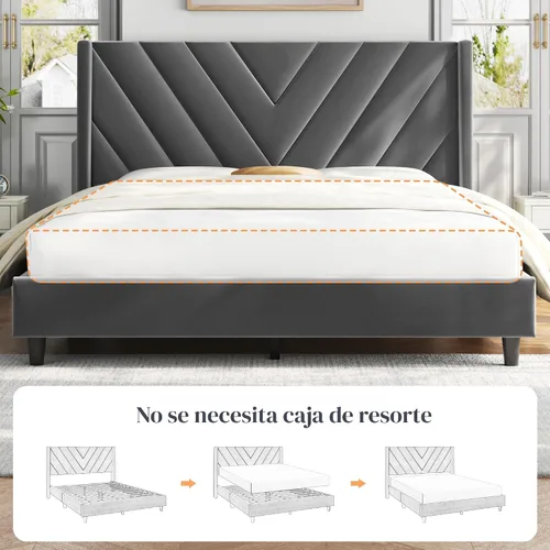 Miniatura 8 de Yaheetech Base de cama tamaño Queen con plataforma tapizada con cabecera con lados en forma de ala/soporte de listones de madera/cabecera tapizada