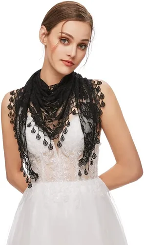 Miniatura 4 de Nanchor Velo de mantilla velo triángulo velos de encaje cubierta de cabeza de iglesia velo de novia para damas de honor de boda, Negro triángulo
