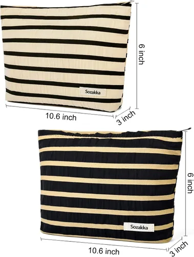 Miniatura 3 de SOIDRAM 2 Piezas Bolsa de Maquillaje Grande con Rayas, Bolsa de Cosméticos de Gran Capacidad, de Lona, Bolsa Organizadora de Artículos de Tocador