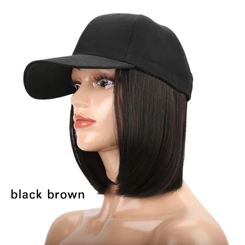Miniatura 5 de Extensiones de cabello sintético Bobo corto con gorra de béisbol negra de 9 pulgadas, peluca con gorro de cabello negro y marrón para mujer, peluca