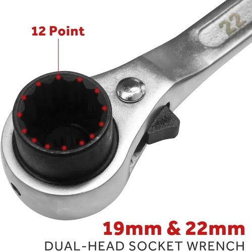 Miniatura 2 de 19 mm × 22 mm (o 3/4" x 7/8") Llave de trinquete de podger de doble extremo con carraca de 12 puntos de grado profesional para andamio, plata