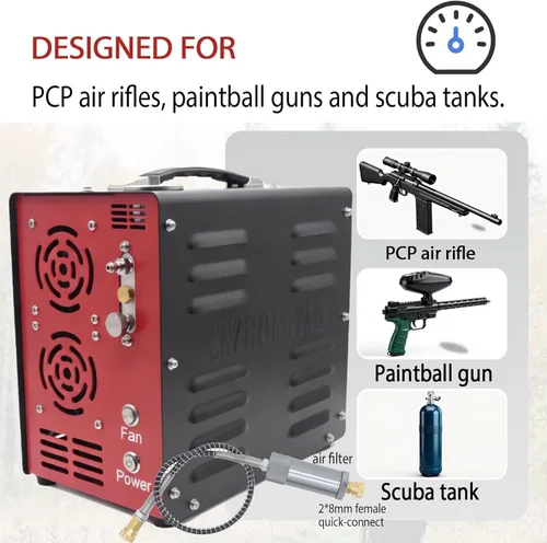 Miniatura 5 de PORTAIR - Compresor HPA portátil de 4500 PSI, parada automática, sin aceite/agua, convertidor de potencia integrado, compresor de aire PCP para Negro