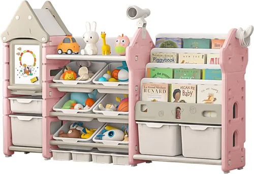 UNICOO Organizador de almacenamiento de juguetes para niños con estantería, organizador de sala de juegos de 14 cubos y estantería, estante de Rosa