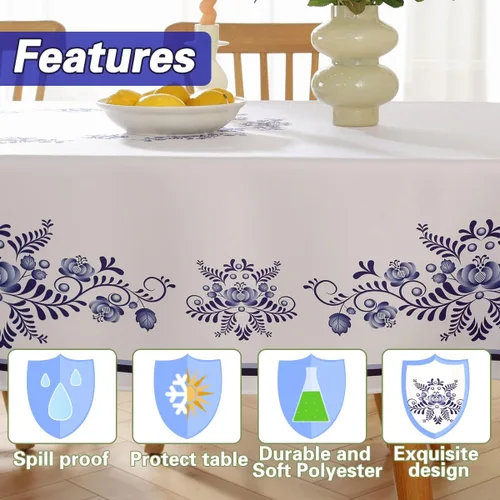 Miniatura 4 de SASTYBALE - Mantel rectangular de porcelana azul y blanca de Navidad de 52 x 70 pulgadas, resistente a derrames y manchas, de poliéster para buffet