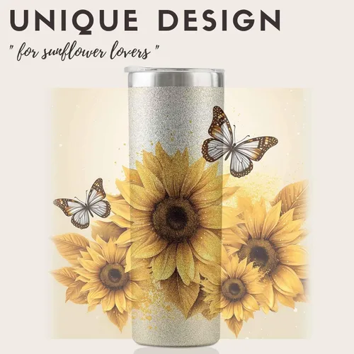 Miniatura 2 de Onebttl Regalos de mariposa de girasol para los amantes del girasol, vasos aislados de acero inoxidable de 20 onzas con tapas y pajitas, regalo