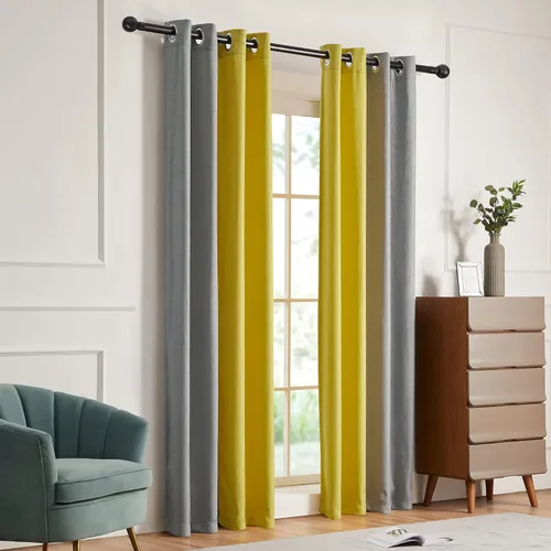 Miniatura 3 de PRIMROSE Cortinas de lino azul marino amarillo de 63 pulgadas de largo para sala de estar, juego de 2 paneles opacos con aislamiento térmico