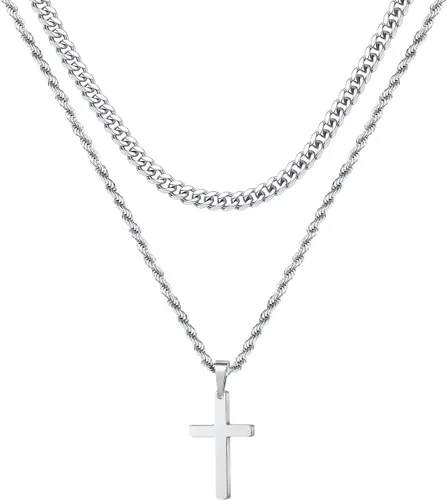 Ursteel Layered Cross Necklace for Men - 18K Gold Silver Black Stainless Steel Mens Cross Necklaces Cross Chain, Layered Rope Chain Cross Necklace