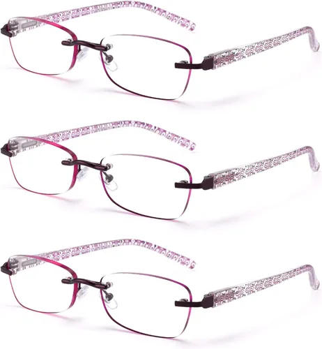 Miniatura 7 de Paquete de 3 lentes de lectura sin montura para mujer, lectores ligeros de bisagra de resorte, anteojos artísticos clásicos y elegantes con UV 400