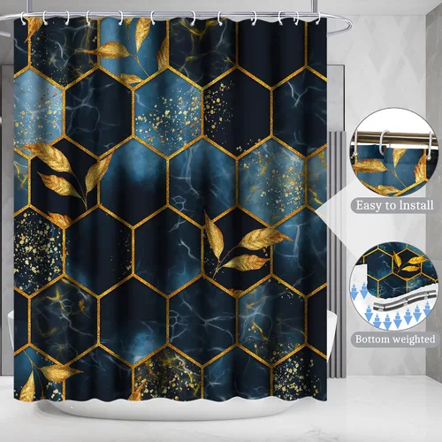 Miniatura 3 de Poedist Juego de 4 cortinas de ducha de baño, juegos de baño con alfombras (tapete de baño, forma de U y tapa de inodoro) y 12 ganchos, mármol