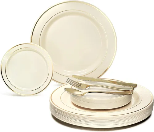 Miniatura 17 de Occasions" - Juego de 125 piezas (25 invitados) - Platos y cubiertos de plástico para boda, vajilla pesada desechable de 10.5 pulgadas, 6.25