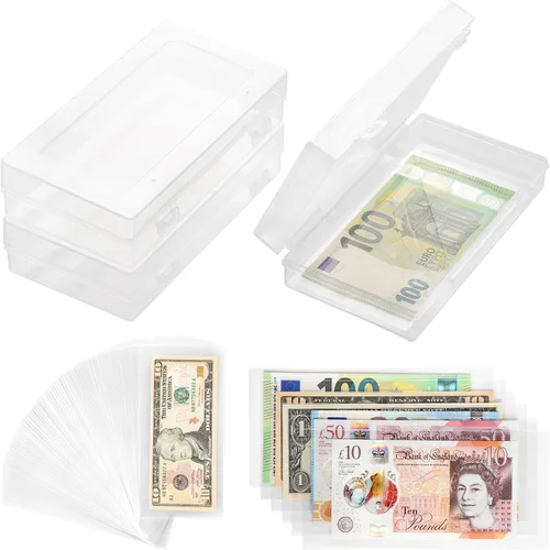 Miniatura 8 de Uncle Paul 100 piezas de billetes de dólar con caja de almacenamiento, fundas de papel transparente para moneda y fundas de colección de dinero