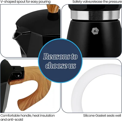 Miniatura 7 de Moka Pot - Cafetera italiana de aluminio de 15.2 fl oz, cafetera para estufa, cafetera espresso Mocha Pot (negro, 3 tazas)