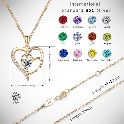 Miniatura 6 de Collar de corazón para mujer, oro de 18 quilates sobre plata de ley 925, collar para mujer con una piedra natal de piedras preciosas, cumpleaños
