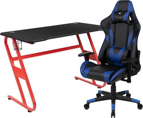 Miniatura 15 de Flash Furniture Juego de escritorio para juegos negro y silla de carreras blanco/negro con soporte para tazas, gancho para auriculares y soporte