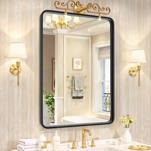 Super Deal Espejo de pared negro de 24 x 36 pulgadas para baño, marco de metal de acero inoxidable con esquina redondeada, espejos rectangulares