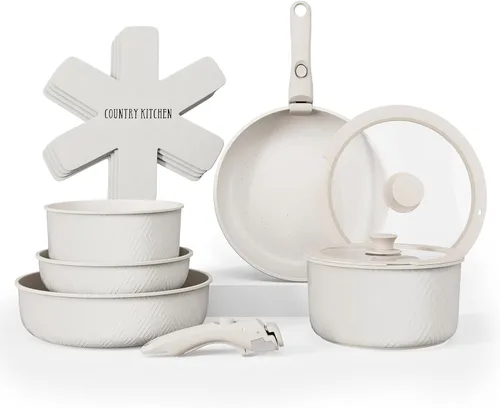 Miniatura 21 de Country Kitchen Juego de utensilios de cocina con mango extraíble, juego de ollas y sartenes aptas para horno y caravana, mango de madera moteada