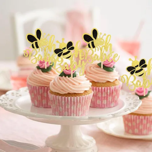 Miniatura 7 de 24 piezas de adornos para cupcakes Bee Oh Baby con purpurina dorada Bumble Bee Oh Babee, palillos para cupcakes con tema de bumble bee para baby