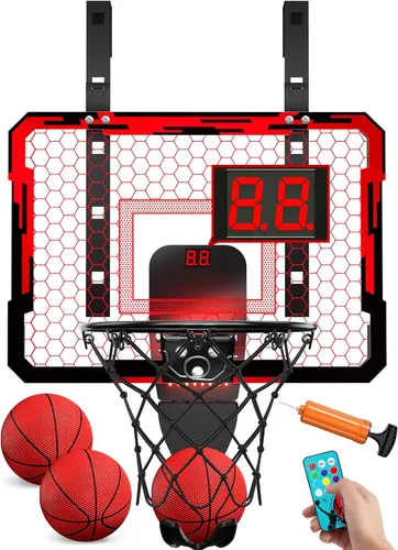 Miniatura 10 de QDRAGON Aro de baloncesto para interiores para niños, mini aros de baloncesto sobre la puerta con 7 luces LED, juguetes de baloncesto, regalos