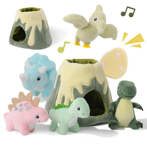 Juguetes para bebés 6-12 meses – Mi pequeño volcán con 5 dinosaurios de peluche, juguete Montessori con sonajero, crujiente, silbato, juguetes