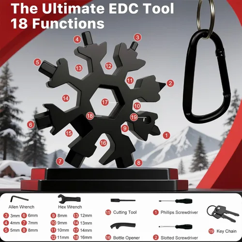 Miniatura 3 de Llavero multiherramienta de copo de nieve de bolsillo, herramienta EDC de acero inoxidable 18 en 1 con destornillador, llave, abridor de botellas