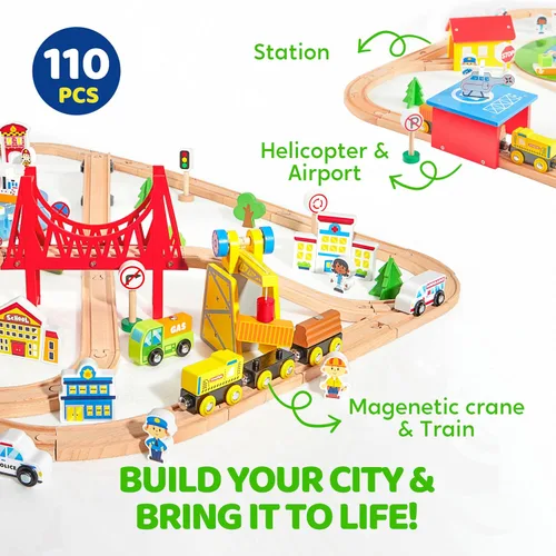 Miniatura 7 de Juego de tren de madera de 12 piezas y 110 piezas para niños de 2 a 8 años, tren magnético de la ciudad y Montessori, compatible con pistas