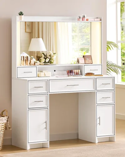 Miniatura 7 de AOGLLATI Escritorio de maquillaje con espejo y luces, mesa de tocador blanca con 3 luces de color, 7 cajones de almacenamiento y espejo grande