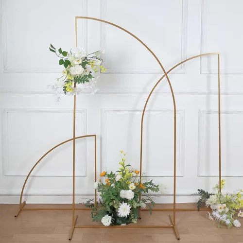Miniatura 7 de Tableclothsfactory Soporte para telón de fondo de arco de boda de metal dorado de 5 pies, diseño floral de media luna