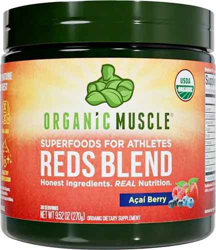 Organic Muscle Superfood Reds para energía natural y salud de la piel | Batido de jugo rojo orgánico USDA | Vegano, ceto, sin OMG, sabor a bayas |