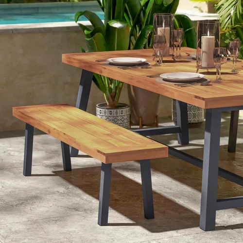 Miniatura 6 de BizChair Banco de madera de acacia maciza, parte superior de listones con acabado natural, patas de madera acampanadas negras, 500 libras. Capacidad