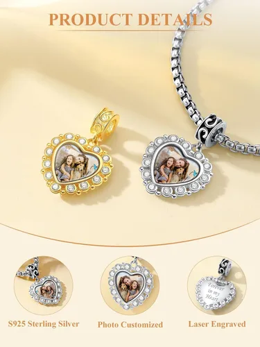 Miniatura 62 de Custom4U Photo Charms for Bracelets 925 Sterling Silver/Gold Plated Heart/Tree of Life/Round Charm Bead Personalized with Picture Custom