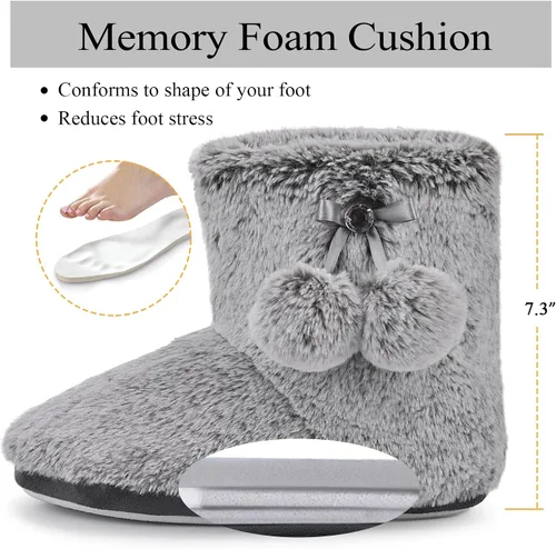 Miniatura 4 de DL Pantuflas bonitas para mujer, con forro polar mullido, espuma viscoelástica, zapatos de casa, para invierno, con pompones
