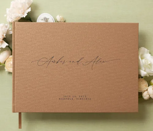 Miniatura 2 de MUUJEE Libro de visitas personalizado con brillo bronce - Libro de invitados moderno personalizado de alta calidad para recepción de boda, fiesta