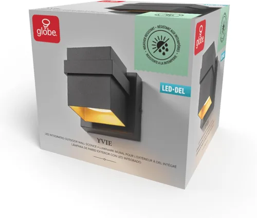 Miniatura 9 de Aplique de pared Globe Electric 60000022 para exterior con LED integrado de 11,5 W, negro mate, acento dorado, 400 lúmenes, 3000 Kelvin, 90 CRI
