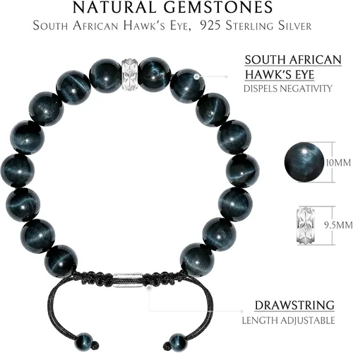 Miniatura 4 de Hawk's Eye Charoite Beaded Bracelet for Men Sterling Silver Charm Adjustable Drawstring 10mm Natural Gemstones Gift for Men, 6.3''-7.1
