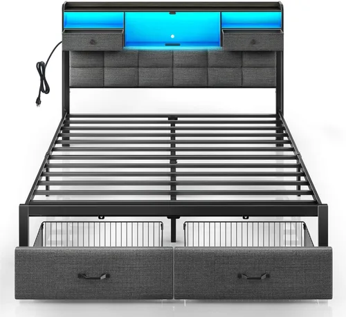 Rolanstar Armazón de cama tamaño completo con cajones y estación de carga, cama de plataforma tapizada con cabecera de almacenamiento y luz LED,